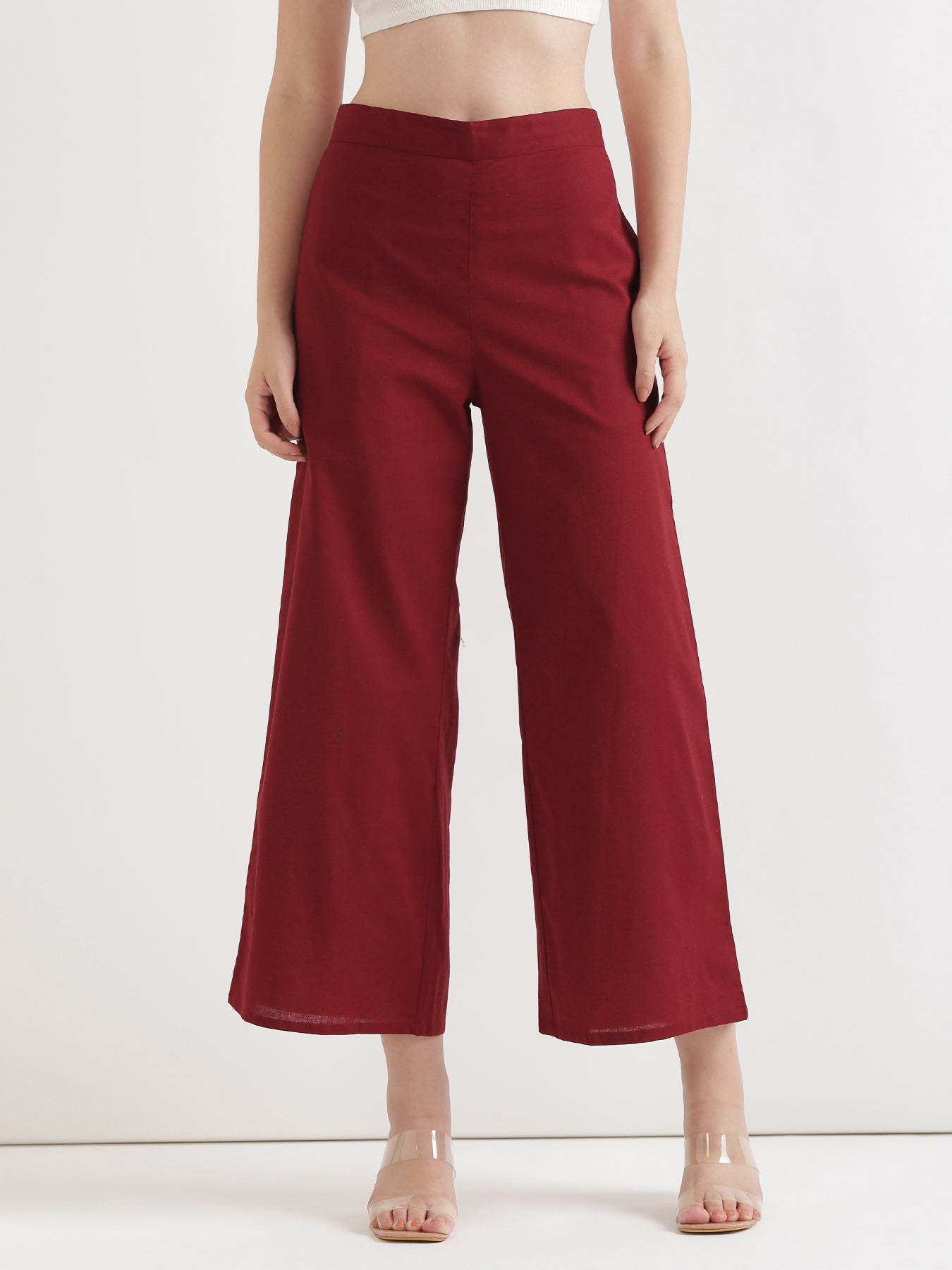 Women Maroon Airy Linen Wide Leg Pant