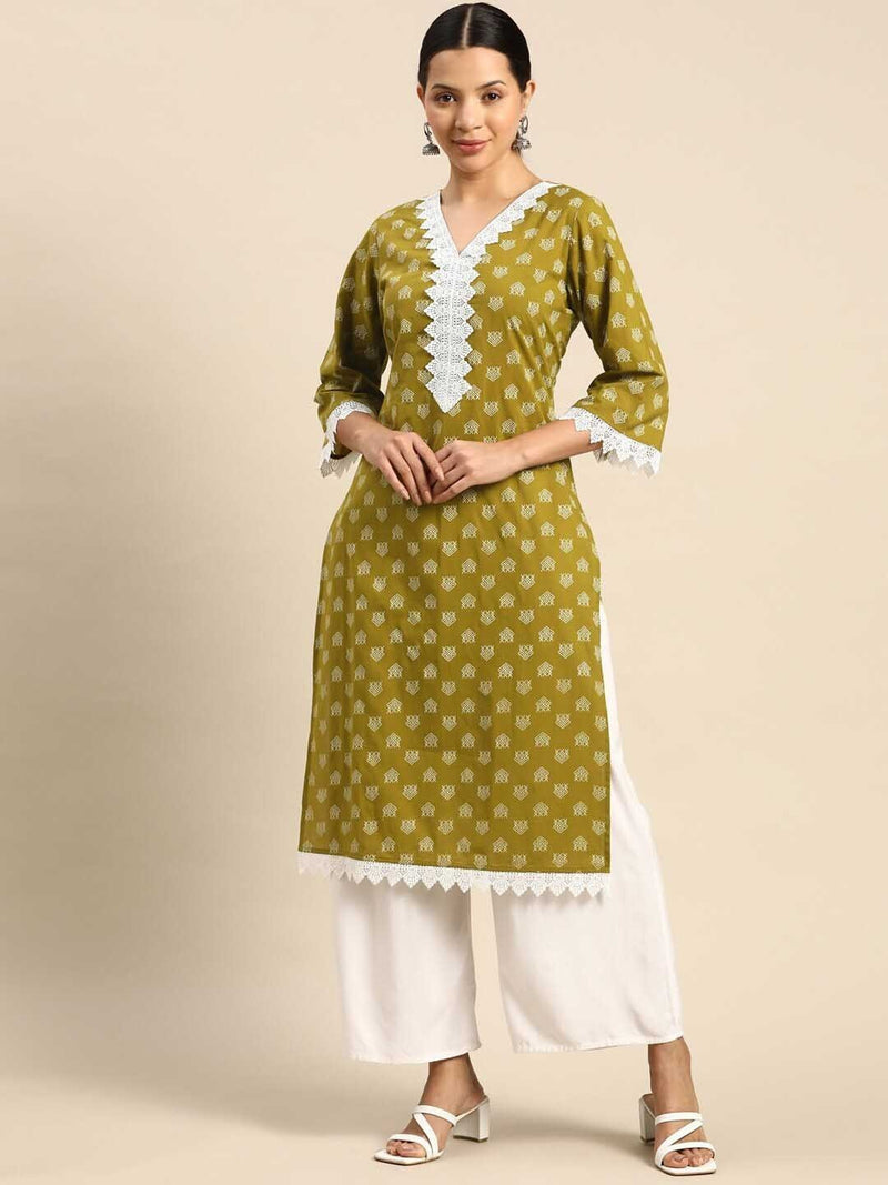 Green Lace Rayon Printed Straight Kurti for women