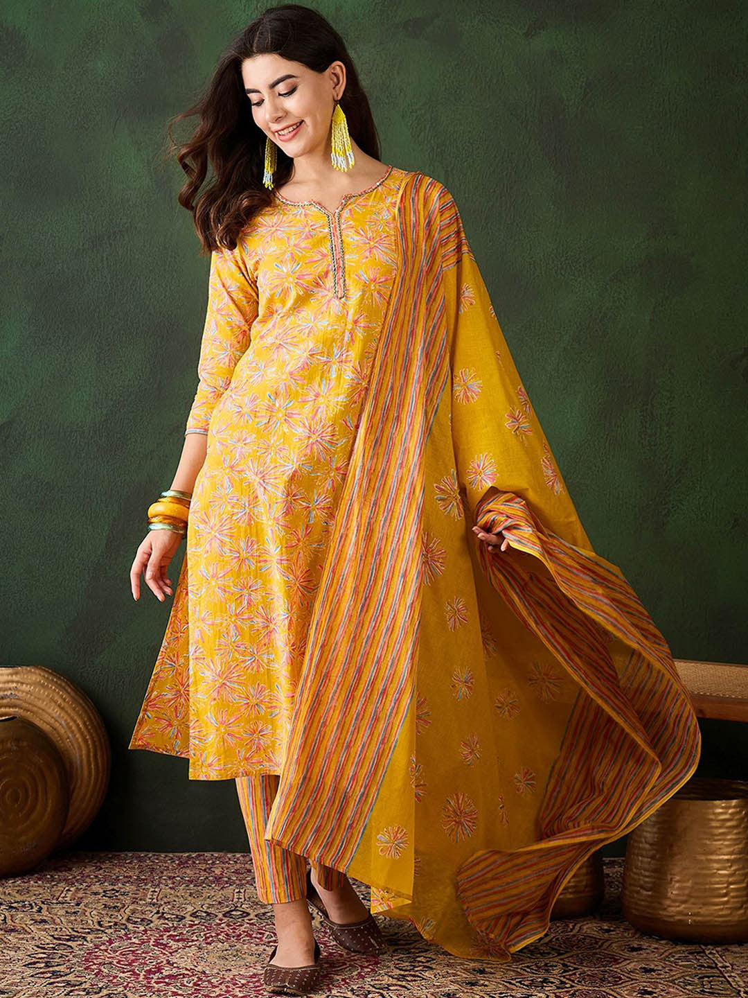 Floral Straight Kurta Set with Striped Pants & Dupatta