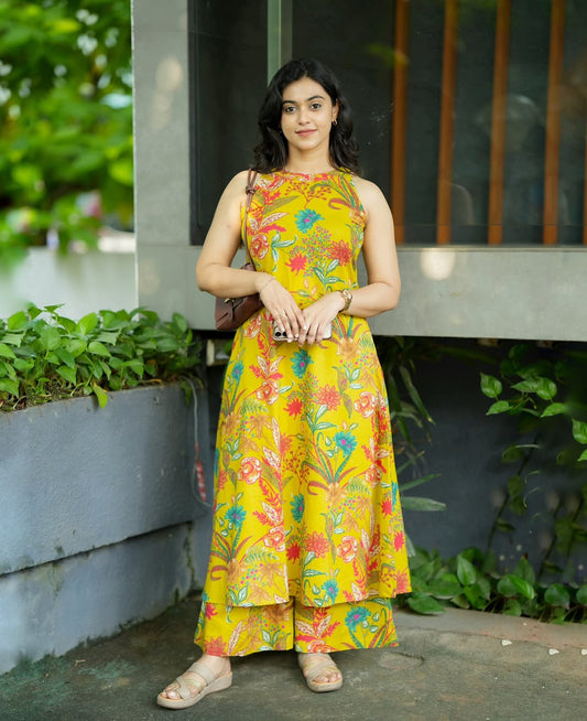 Women’s Yellow Floral Printed Cotton Halter Neck Kurta Palazzo Set