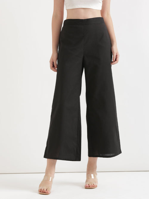 Women Black Airy Linen Wide Leg Pant