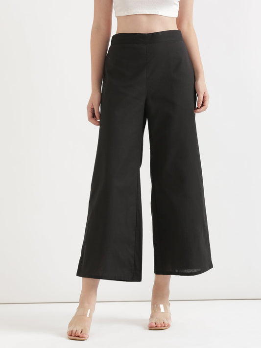 Women Black Airy Linen Wide Leg Pant