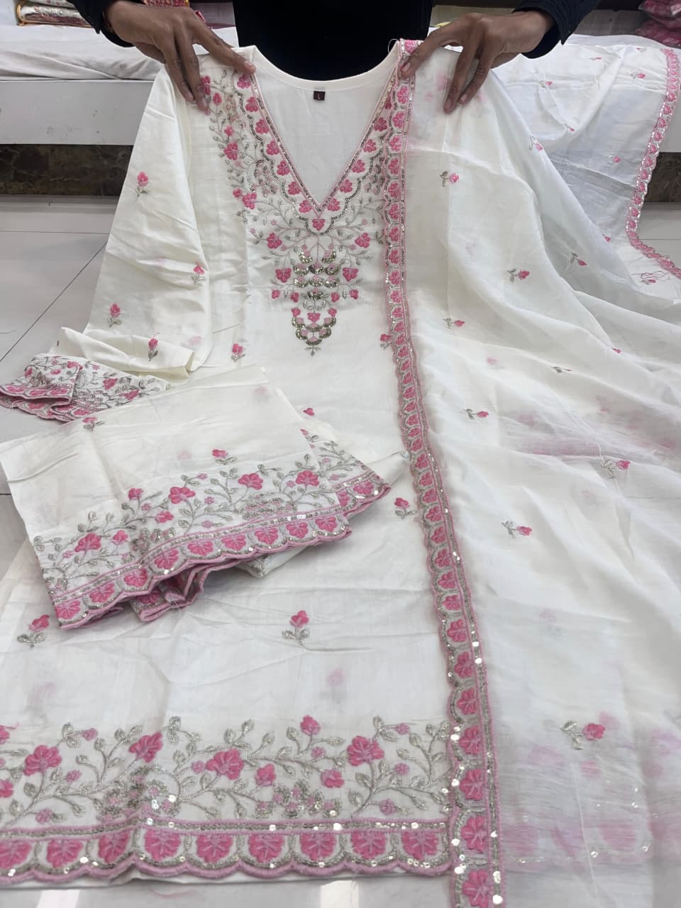 Premium Chanderi Silk Suit Set with Pink Embroidery and Dupatta