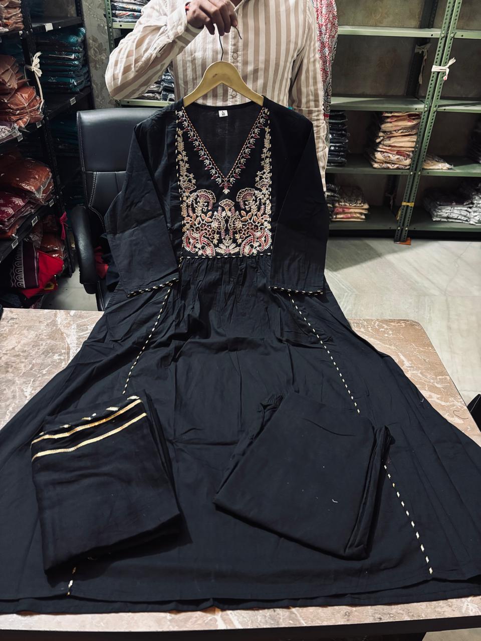 Premium Black Cotton Anarkali Kurti Pant Dupatta Set