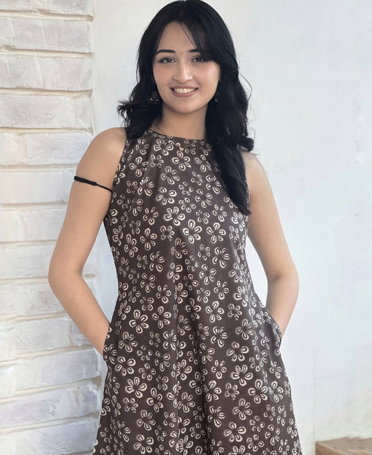 Women’s Brown Floral Printed Cotton Halter Neck Kurta Palazzo Set