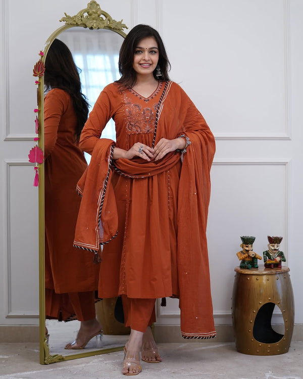 Premium Rust Orange Cotton Anarkali Kurti Pant Dupatta Set