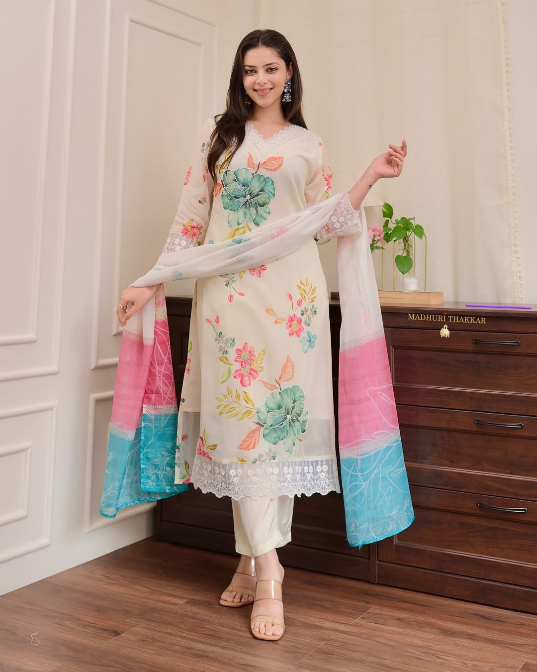 Premium Reshmi Organza Suit Set with Floral Digital Print & Dupatta