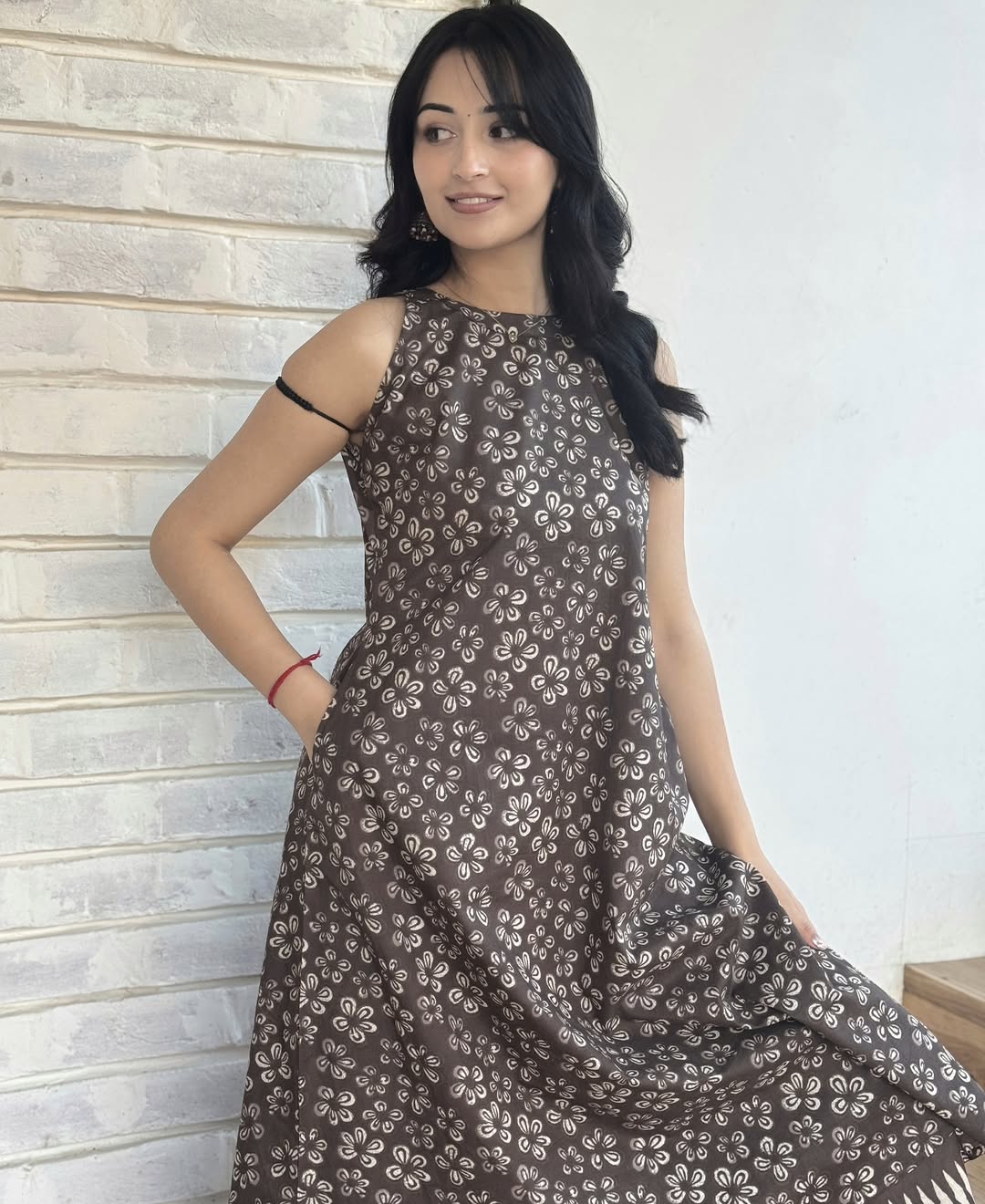 Women’s Brown Floral Printed Cotton Halter Neck Kurta Palazzo Set