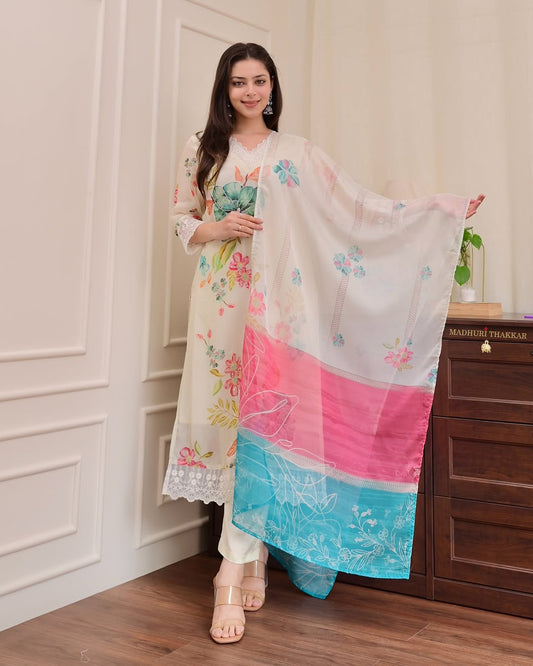 Premium Reshmi Organza Suit Set with Floral Digital Print & Dupatta