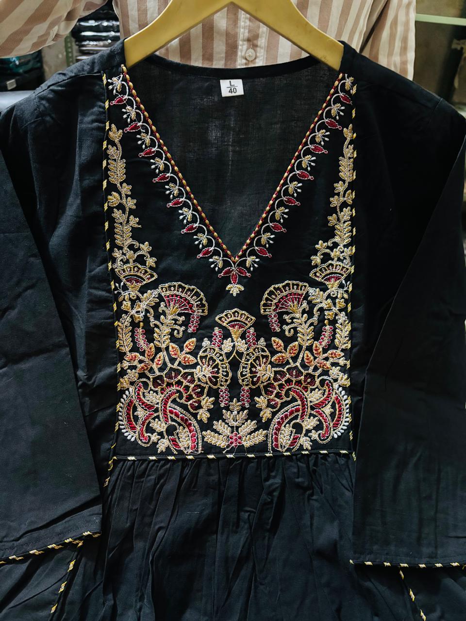 Premium Black Cotton Anarkali Kurti Pant Dupatta Set