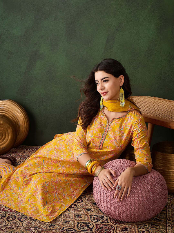 Floral Straight Kurta Set with Striped Pants & Dupatta