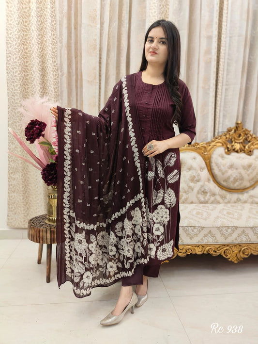 Maroon Cotton 3 Piece Kurti Pant Dupatta Set for Women