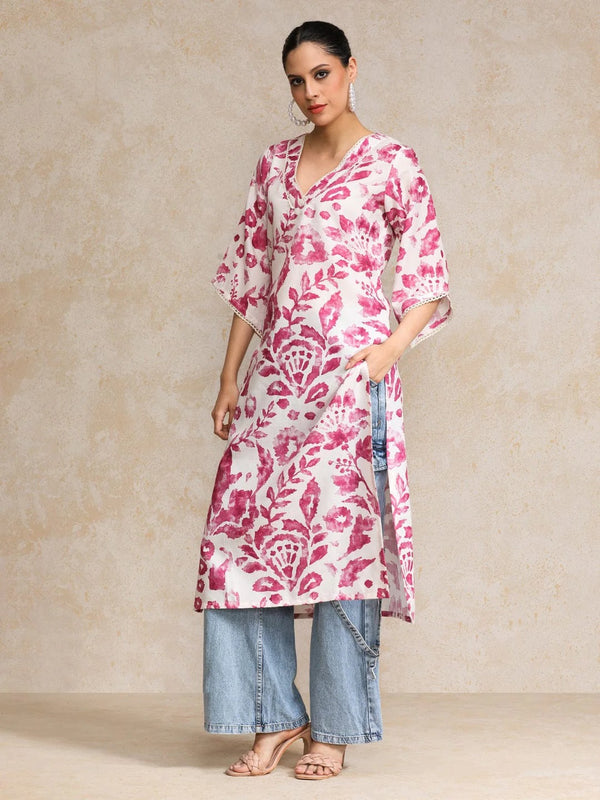 Elegant White Pink Printed Straight Kurti for Women