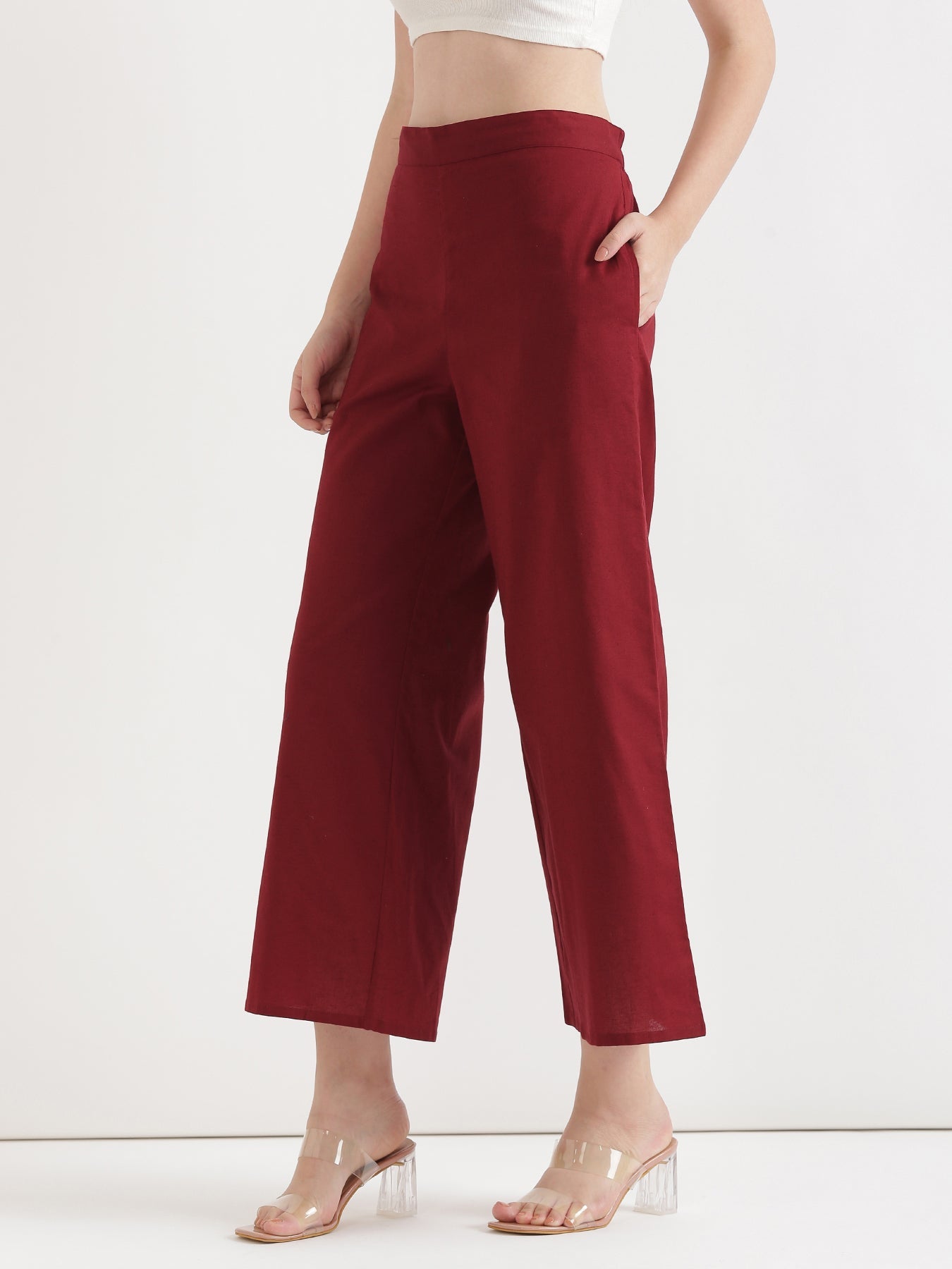 Women Maroon Airy Linen Wide Leg Pant