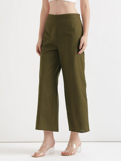 Women Olive Green Airy Linen Wide Leg Pant