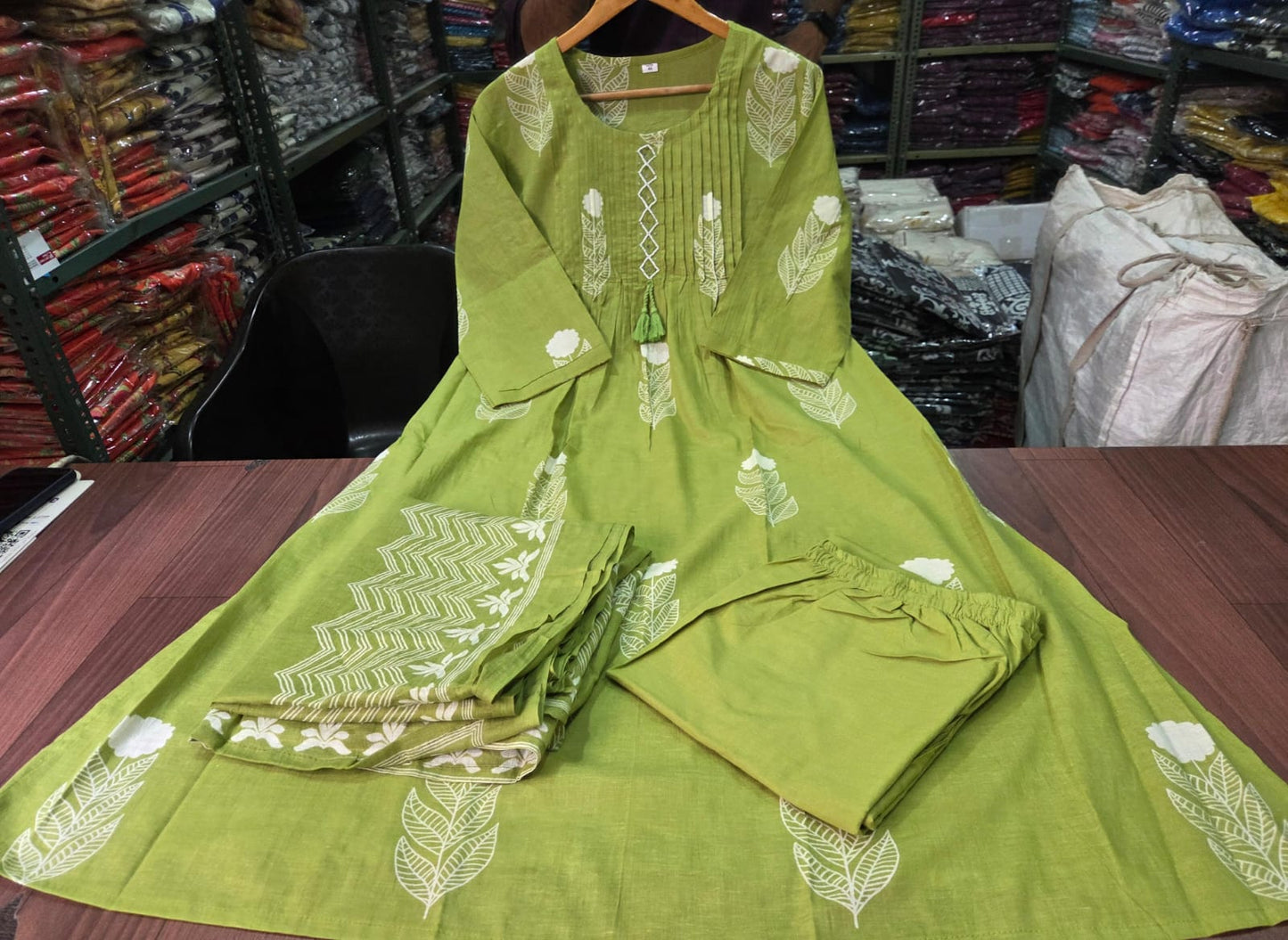 Premium Olive Green Cotton Kurti Pant Dupatta Set