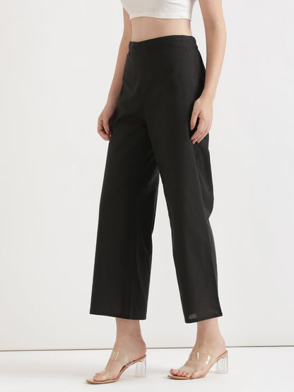 Women Black Airy Linen Wide Leg Pant