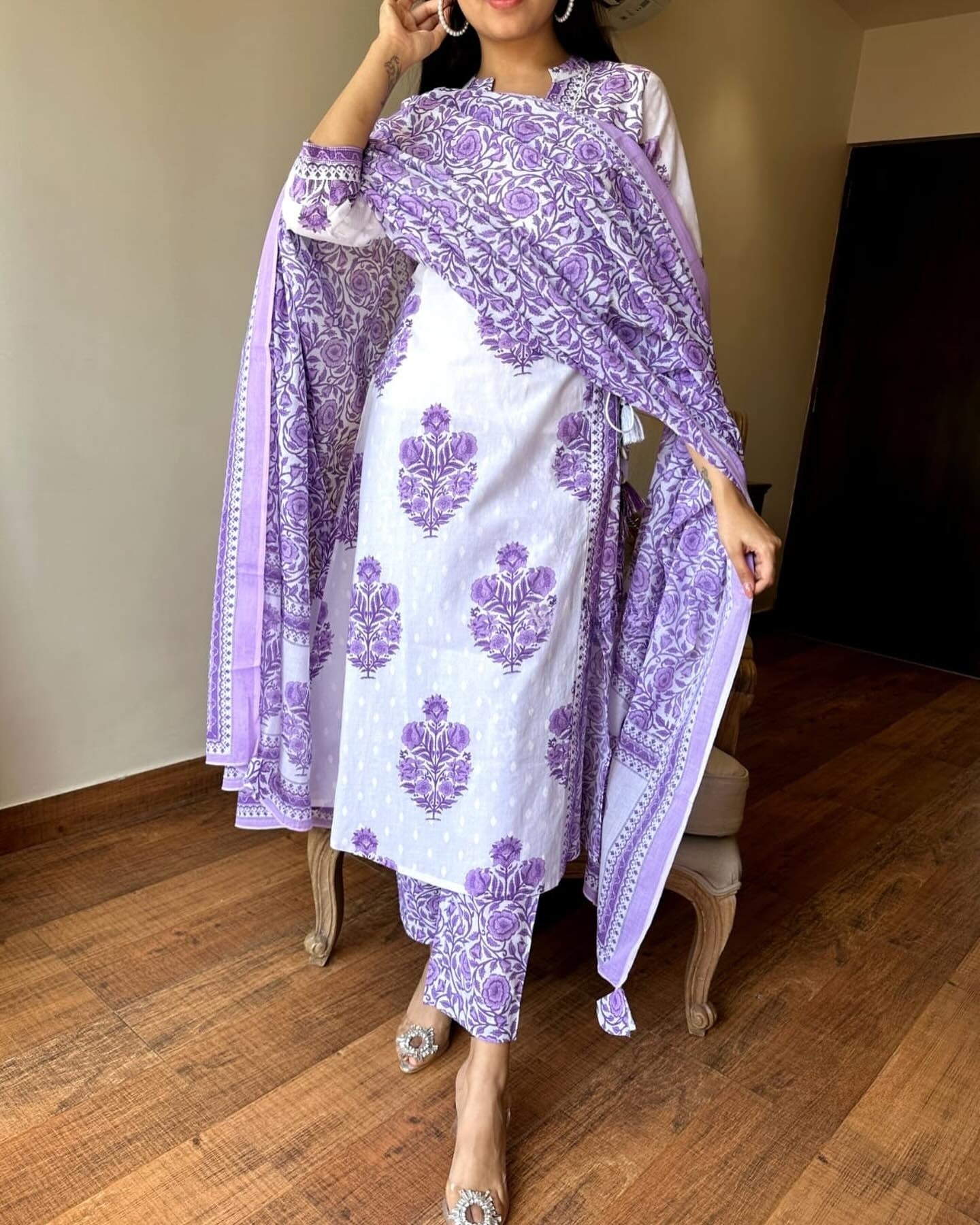 Lavender Cotton Angrakha 3 Piece Set for Women