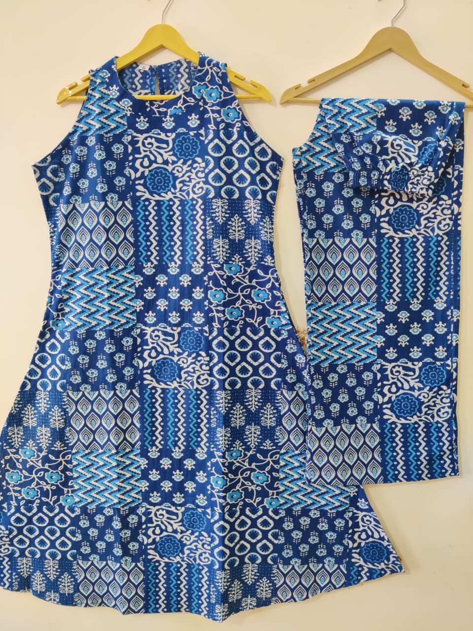 Women’s Blue Printed Cotton Halter Neck Kurta Palazzo Set