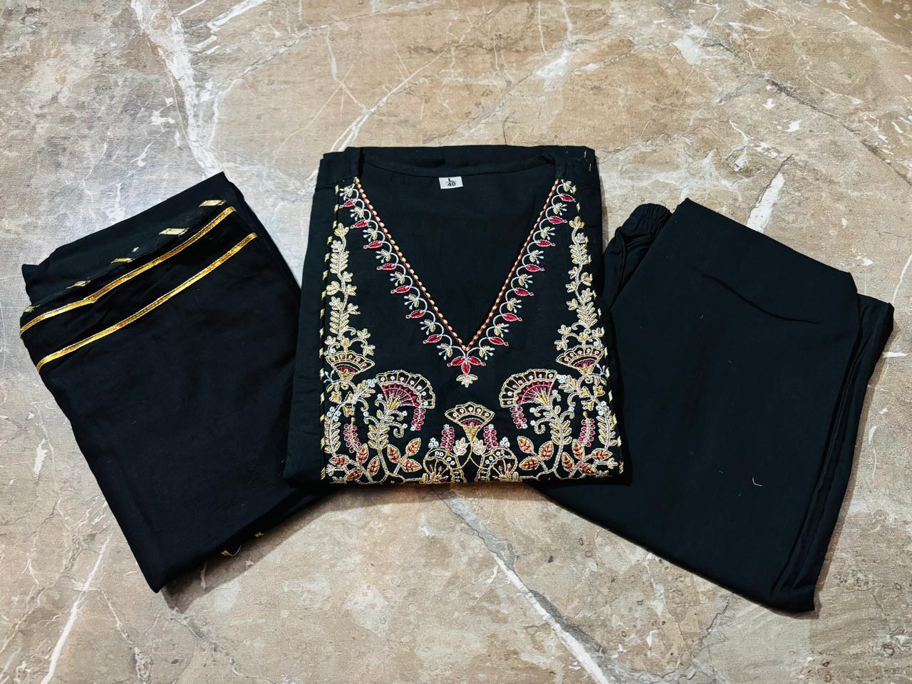 Premium Black Cotton Anarkali Kurti Pant Dupatta Set