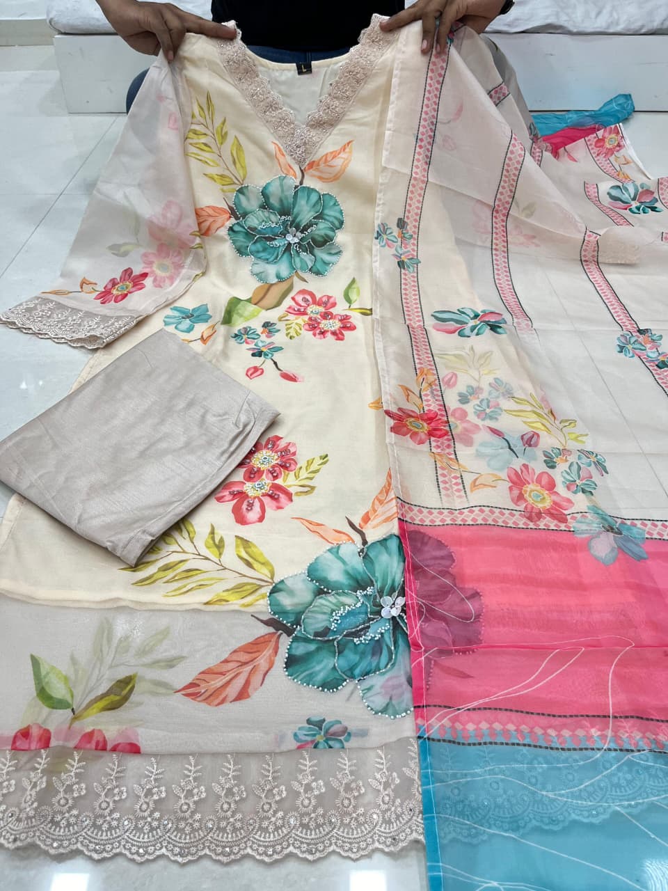 Premium Reshmi Organza Suit Set with Floral Digital Print & Dupatta