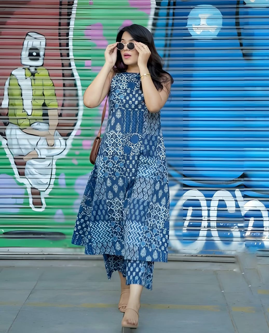 Women’s Blue Printed Cotton Halter Neck Kurta Palazzo Set