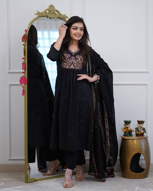 Premium Black Cotton Anarkali Kurti Pant Dupatta Set