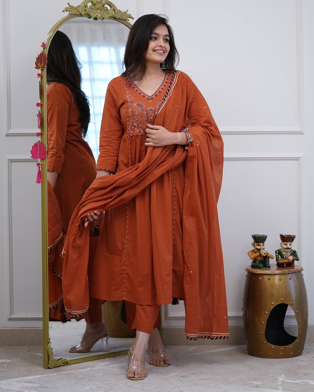Premium Rust Orange Cotton Anarkali Kurti Pant Dupatta Set
