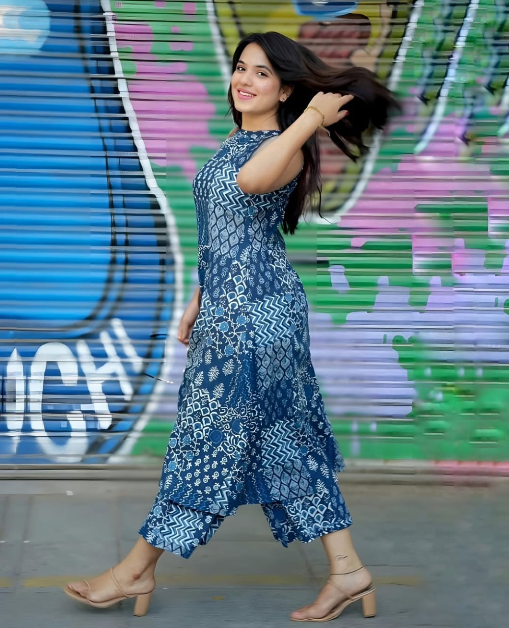 Women’s Blue Printed Cotton Halter Neck Kurta Palazzo Set