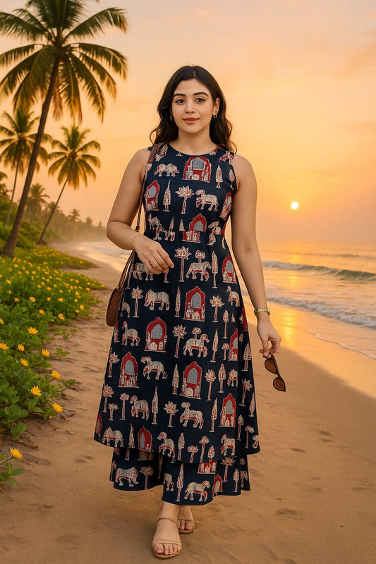 Women’s Black Heritage Elephant Print Cotton Halter Neck Kurta Palazzo Set