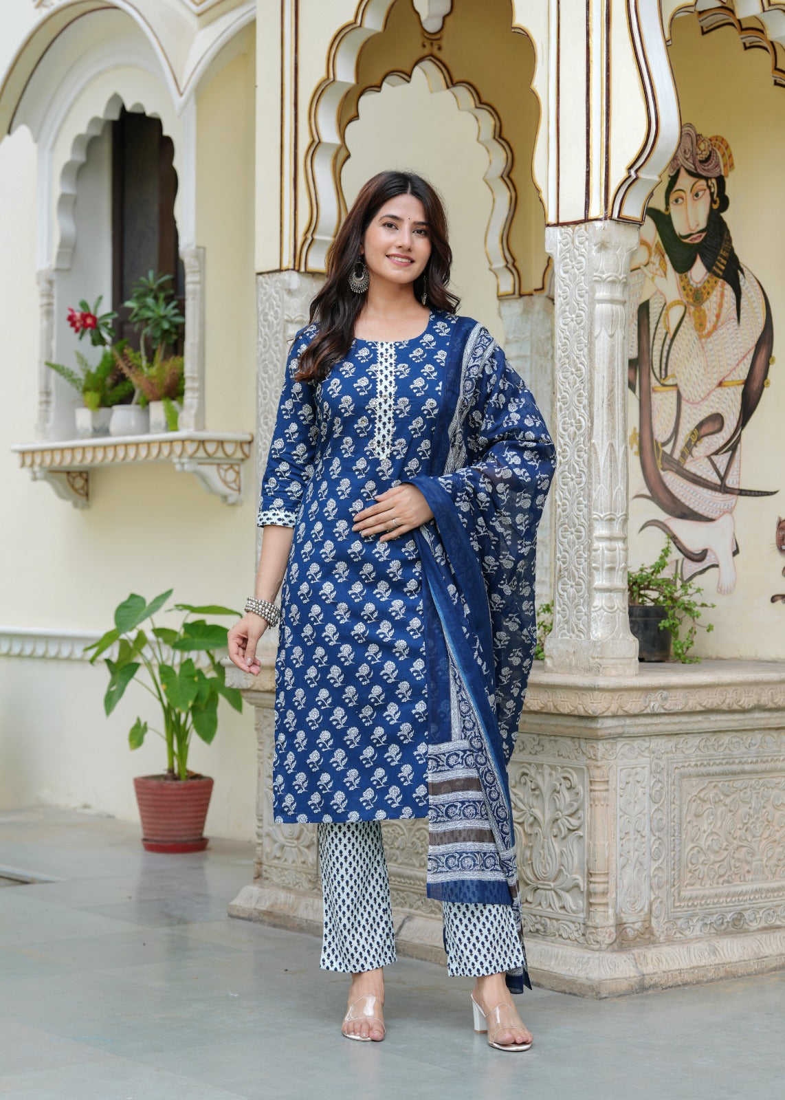 Premium Indigo Cotton Kurti Pant Dupatta Set
