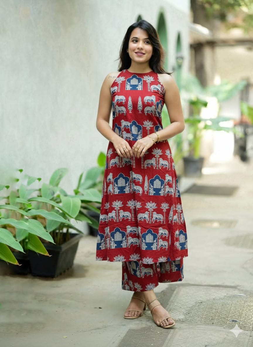 Women’s Maroon Heritage Elephant Print Cotton Halter Neck Kurta Palazzo Set