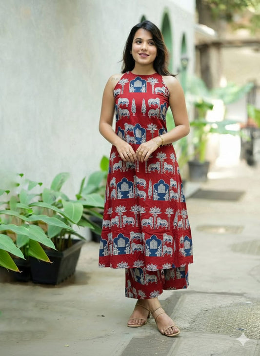 Women’s Maroon Heritage Elephant Print Cotton Halter Neck Kurta Palazzo Set