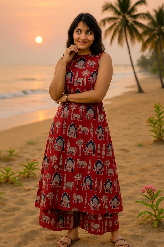Women’s Maroon Heritage Elephant Print Cotton Halter Neck Kurta Palazzo Set
