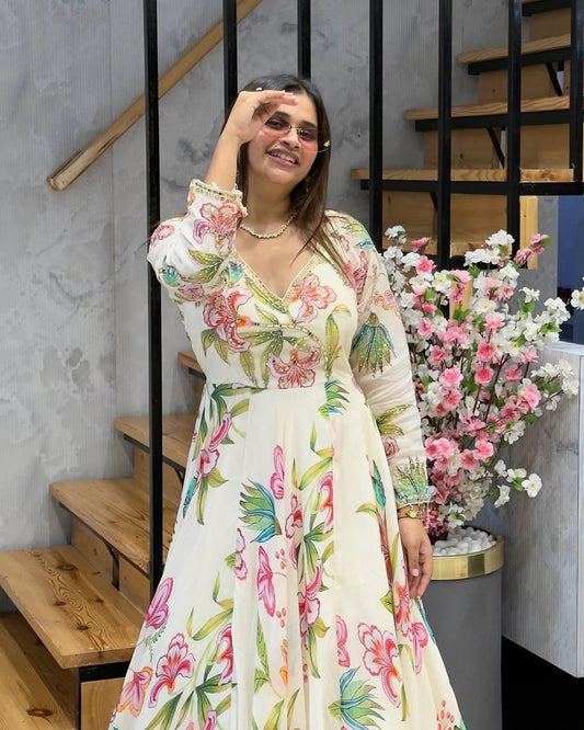 Shehnaz Attire Floral Printed Anarkali Gown Set with Dupatta