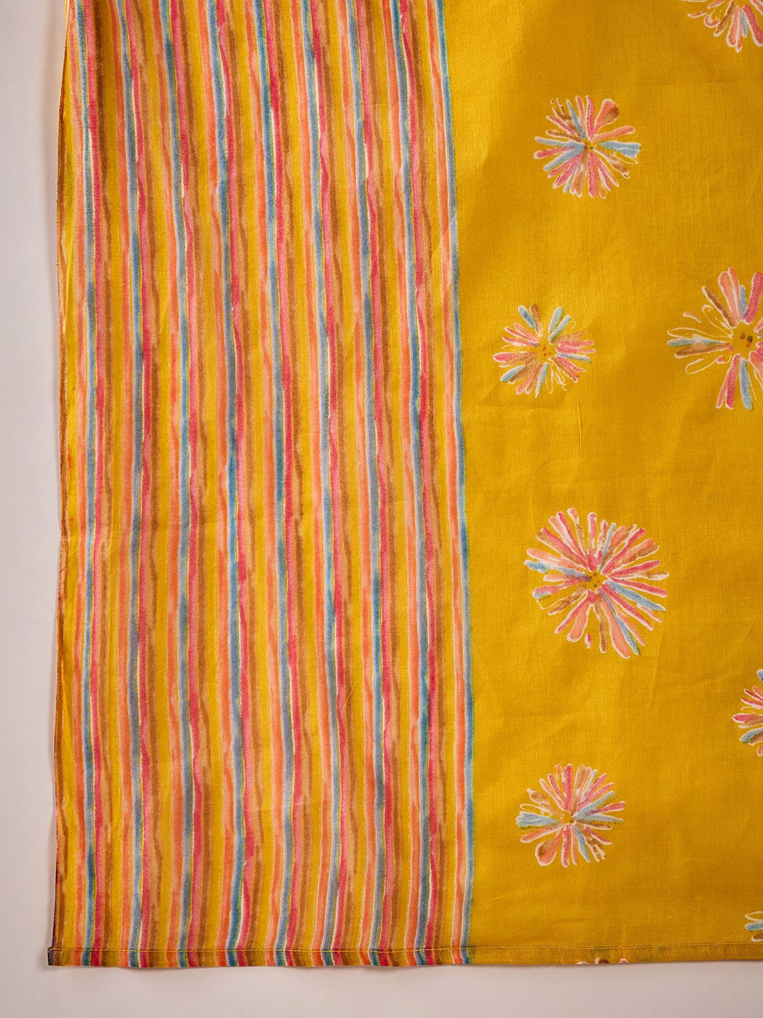 Floral Straight Kurta Set with Striped Pants & Dupatta