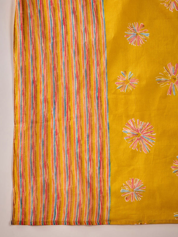 Floral Straight Kurta Set with Striped Pants & Dupatta