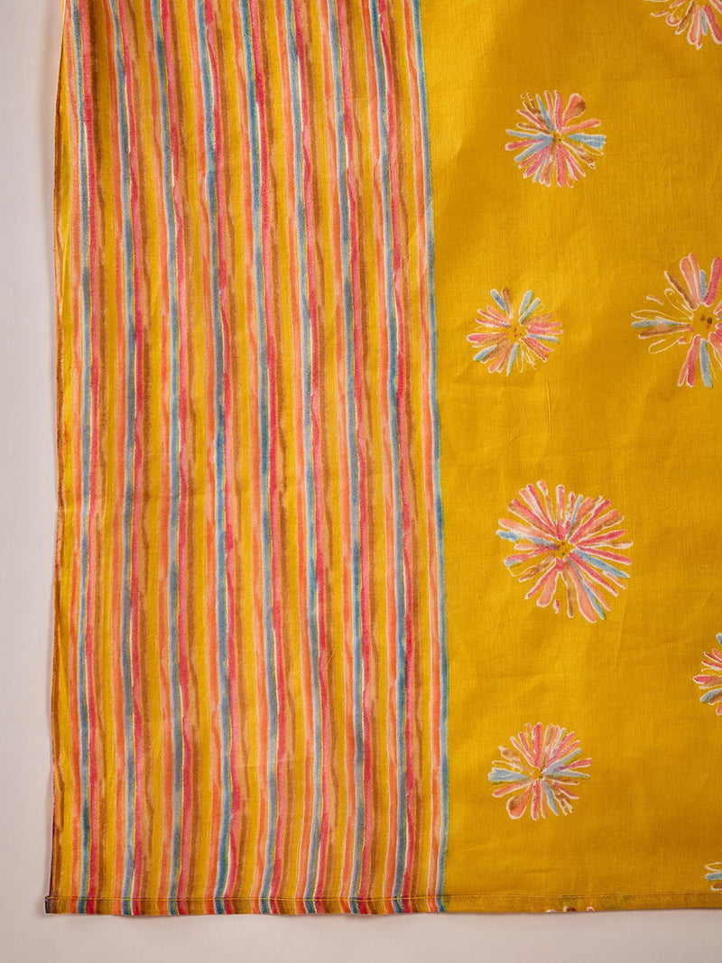 Floral Straight Kurta Set with Striped Pants & Dupatta