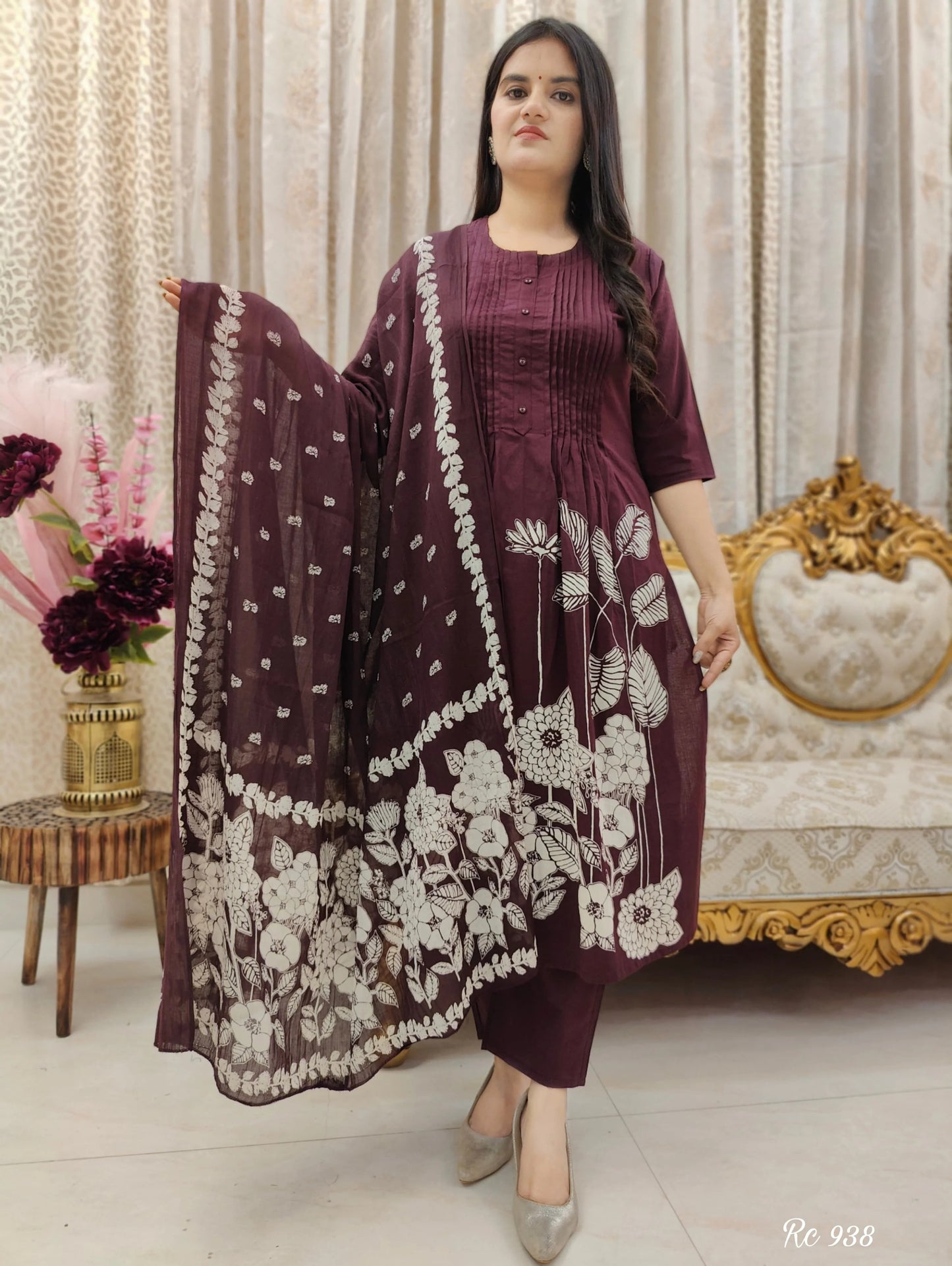 Maroon Cotton 3 Piece Kurti Pant Dupatta Set for Women