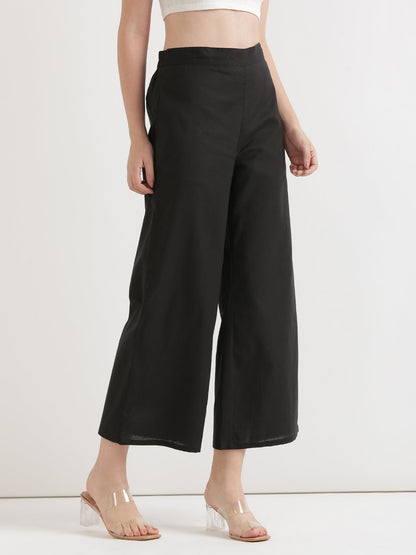 Women Black Airy Linen Wide Leg Pant