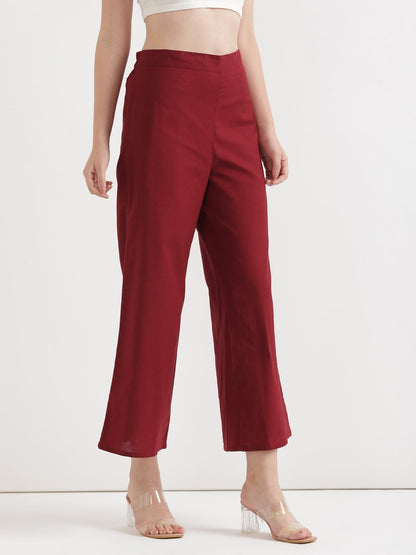 Women Maroon Airy Linen Wide Leg Pant