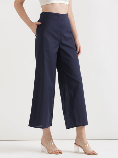 Women Navy Blue Airy Linen Wide Leg Pant