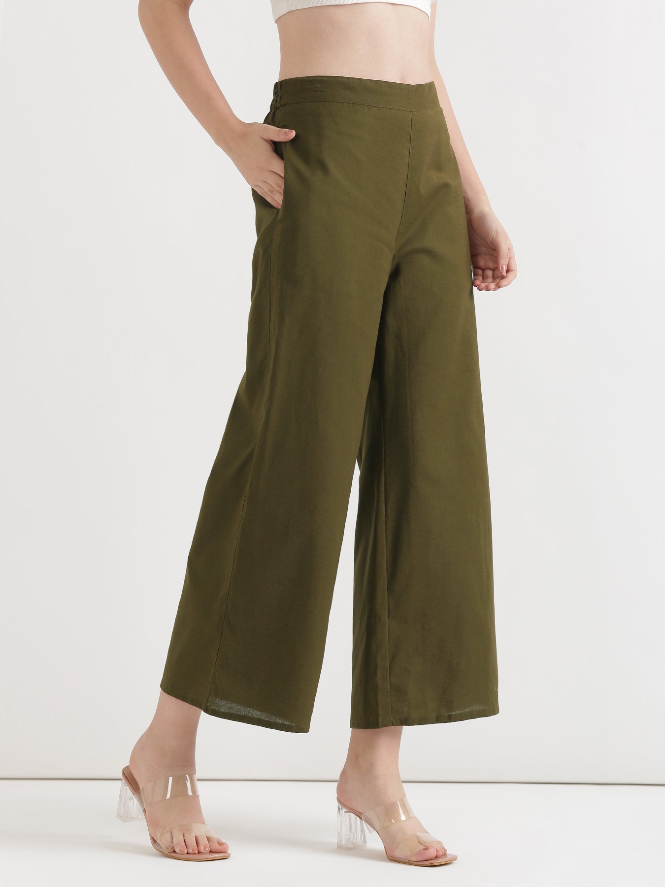 Women Olive Green Airy Linen Wide Leg Pant