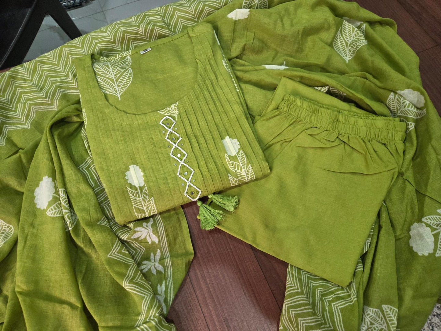 Premium Olive Green Cotton Kurti Pant Dupatta Set
