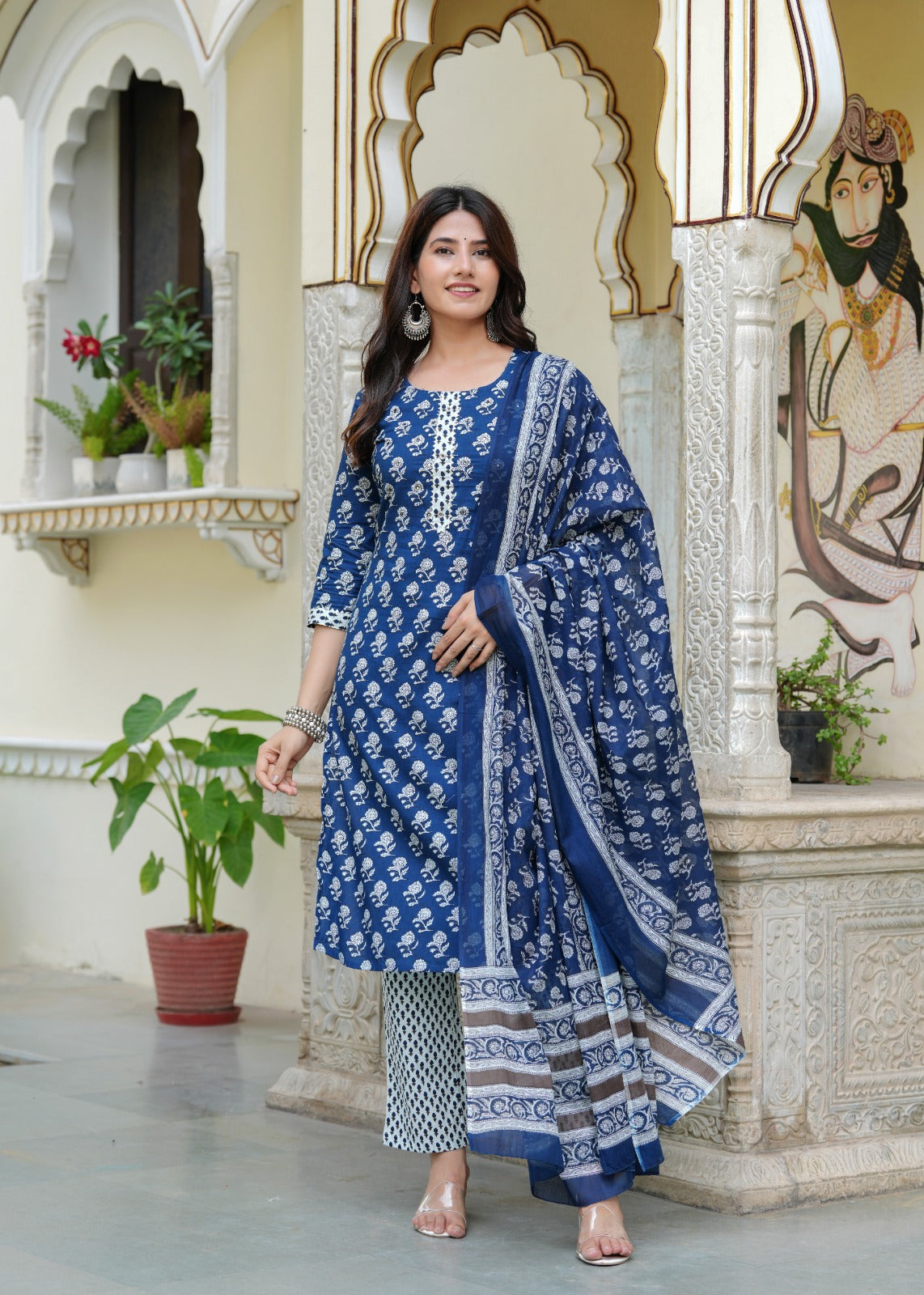 Premium Indigo Cotton Kurti Pant Dupatta Set