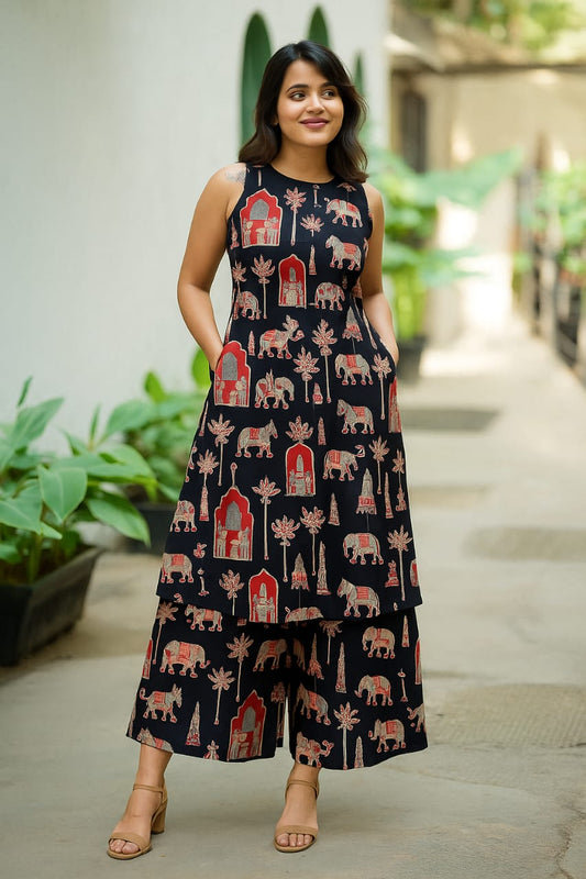 Women’s Black Heritage Elephant Print Cotton Halter Neck Kurta Palazzo Set