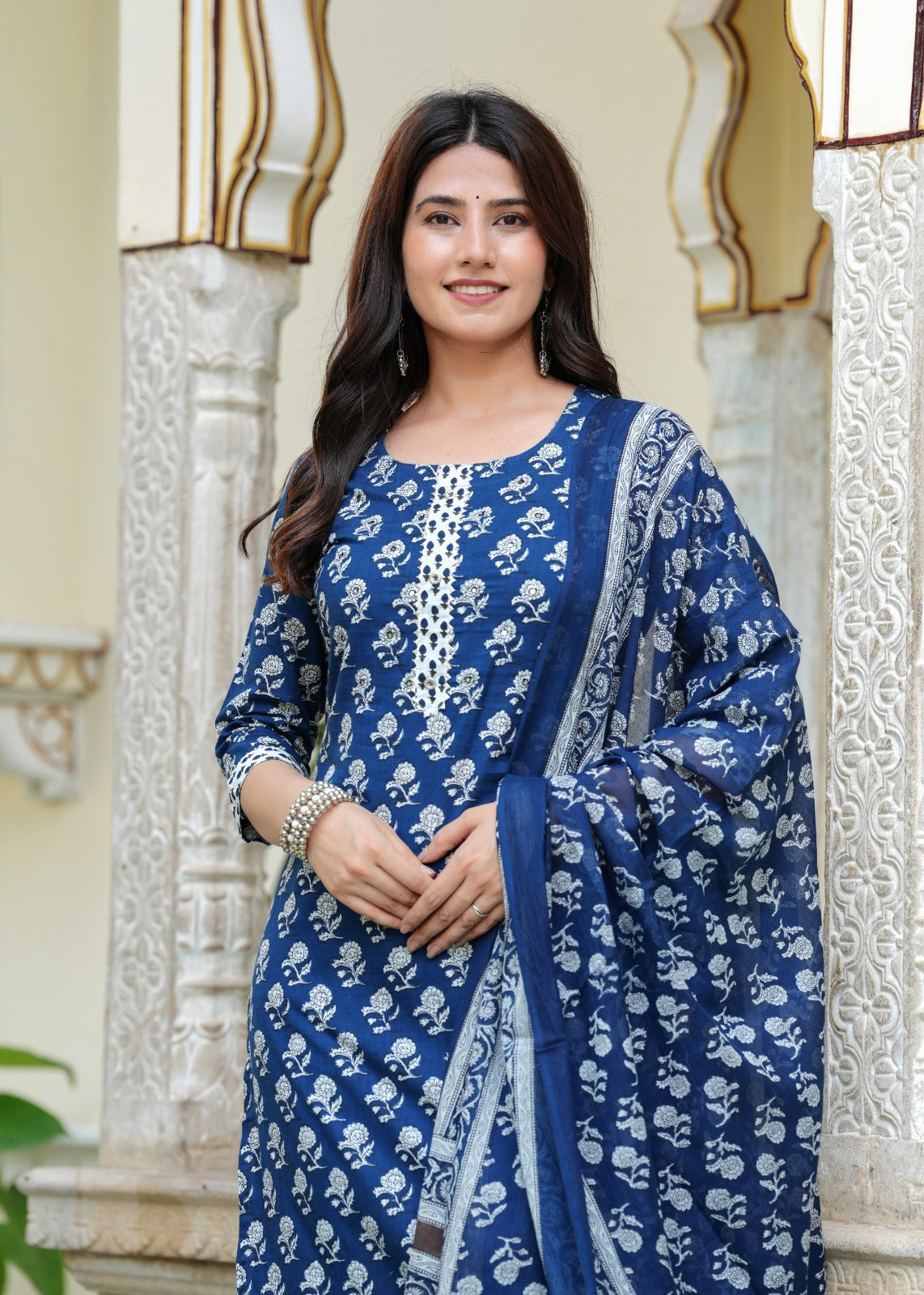Premium Indigo Cotton Kurti Pant Dupatta Set