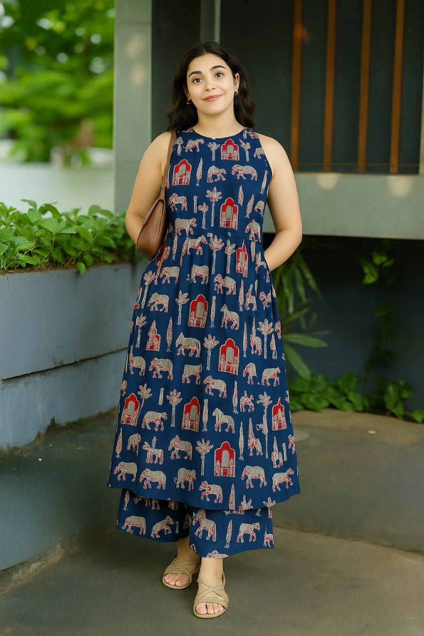 Women’s Navy Blue Elephant Print Cotton Halter Neck Kurta Palazzo Set