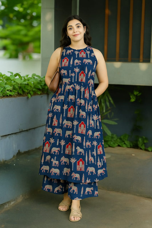 Women’s Navy Blue Elephant Print Cotton Halter Neck Kurta Palazzo Set
