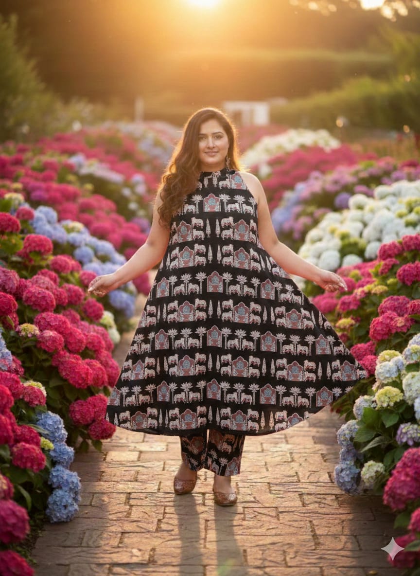 Women’s Black Heritage Elephant Print Cotton Halter Neck Kurta Palazzo Set